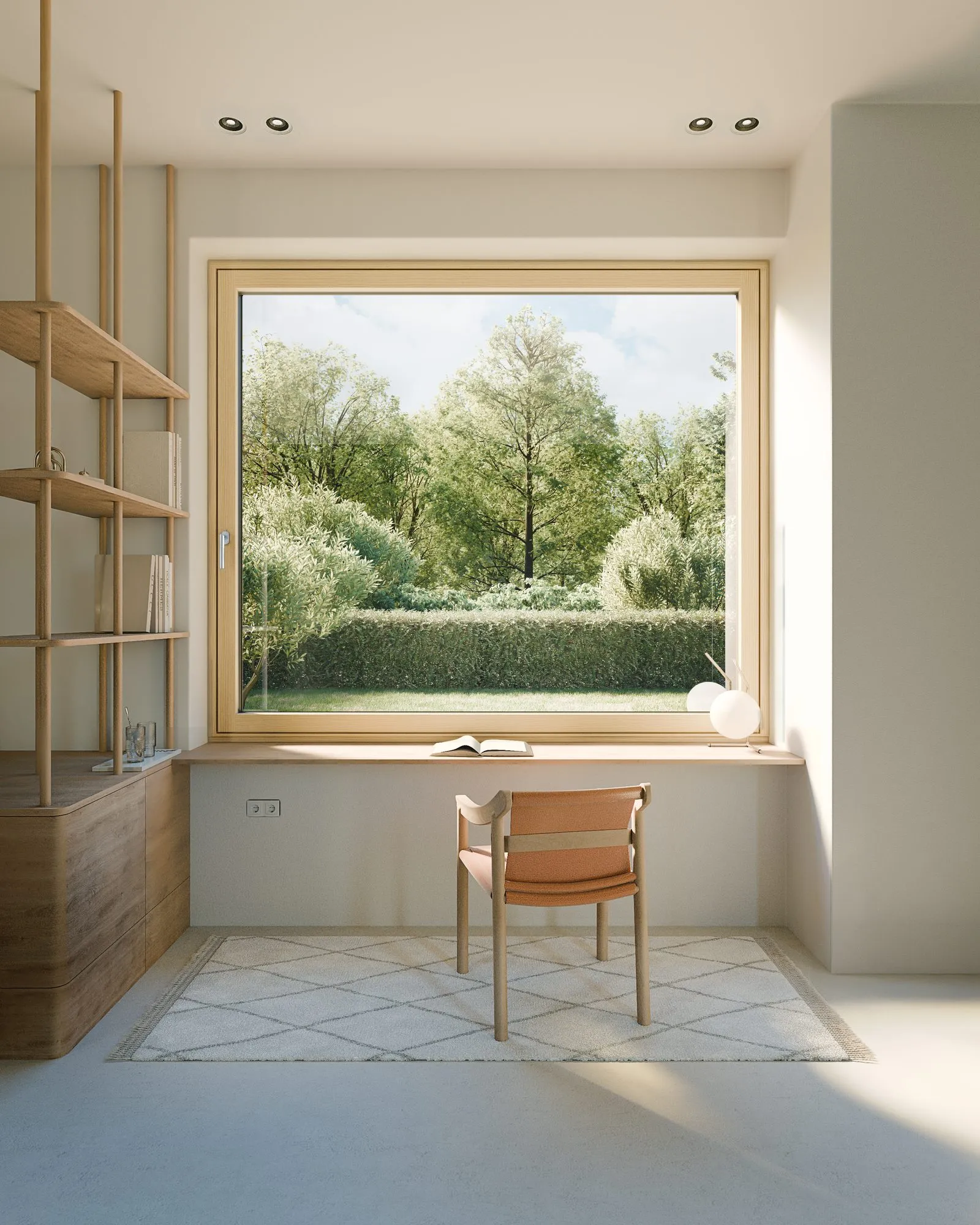 Modernes Holz-Alu-Fenster mit Gartenblick