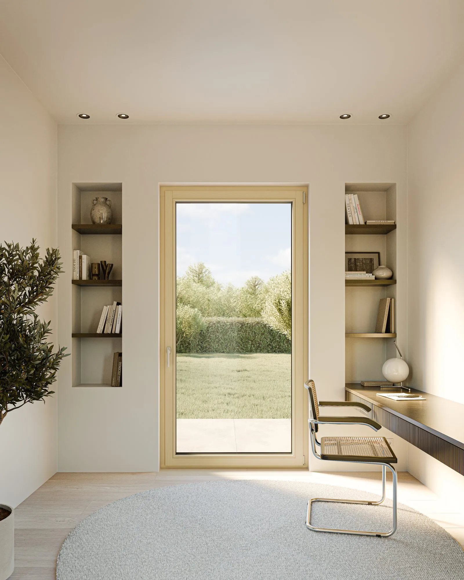 Heller Raum mit bodentiefen Fenstern und Gartenblick